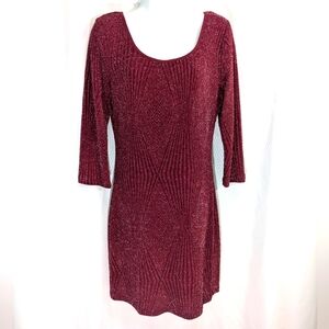 Deb Low-Back 3/4 Sleeve Knit Dress, Berry/Silver Metallic, Size L